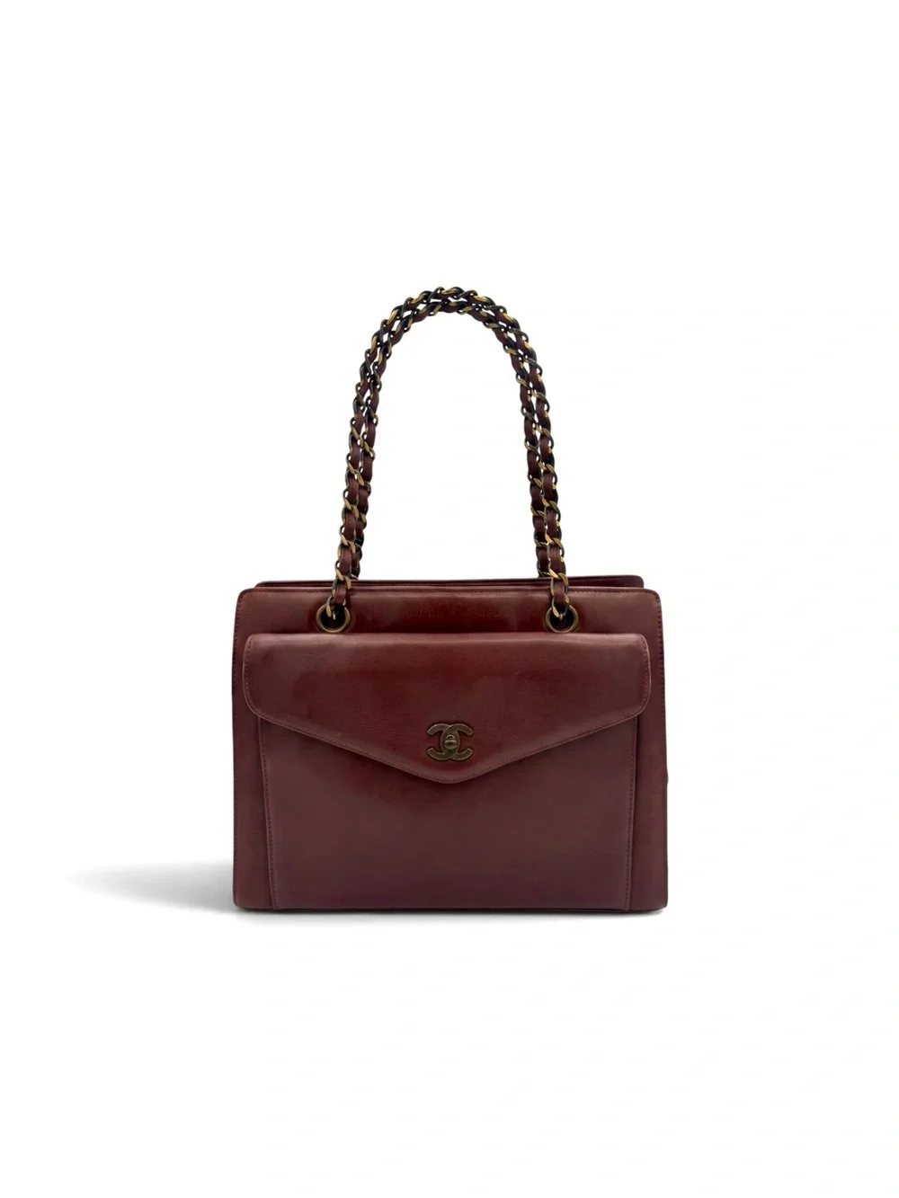Chanel Vintage 1998 Burgundy Lambskin CC Pocket Tote Bag Turn Lock Shoulder Bag